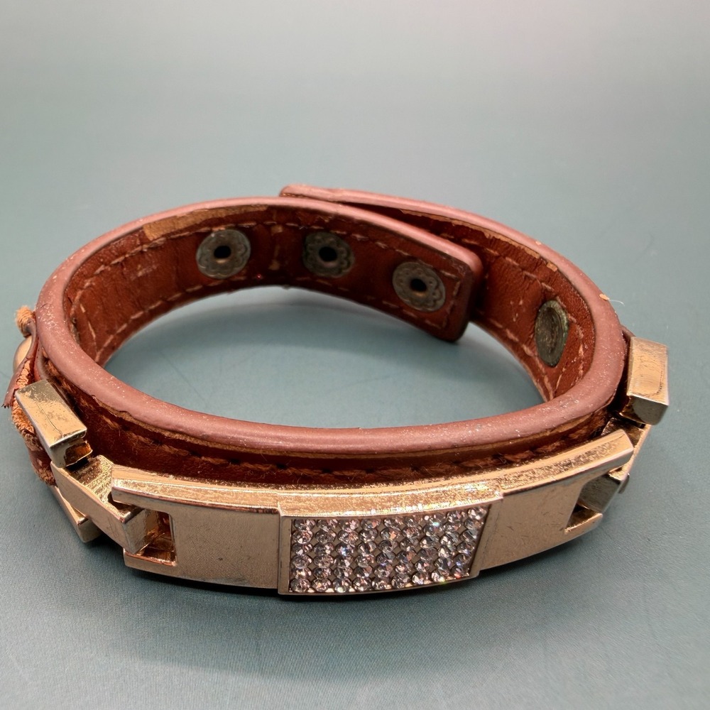 Brown Leather Cuff Bracelet Gold Tone Rhinestone Panel Statement Y2K Jewelry